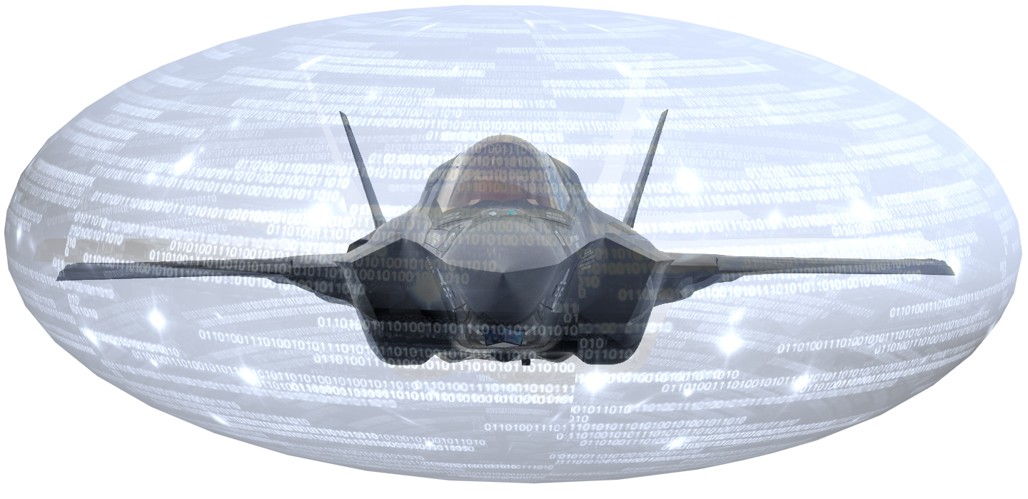 F35 in blue bubble of 1s and 0s representing EW protection