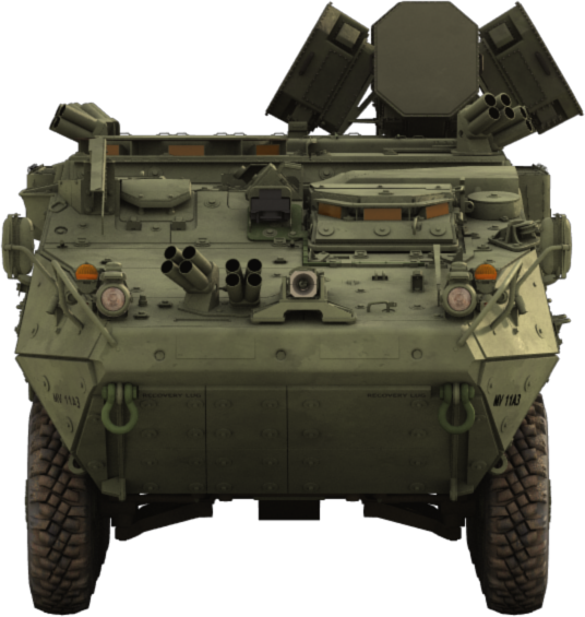 Front view of an army Green Stryker with PFCR Radar mounted on top