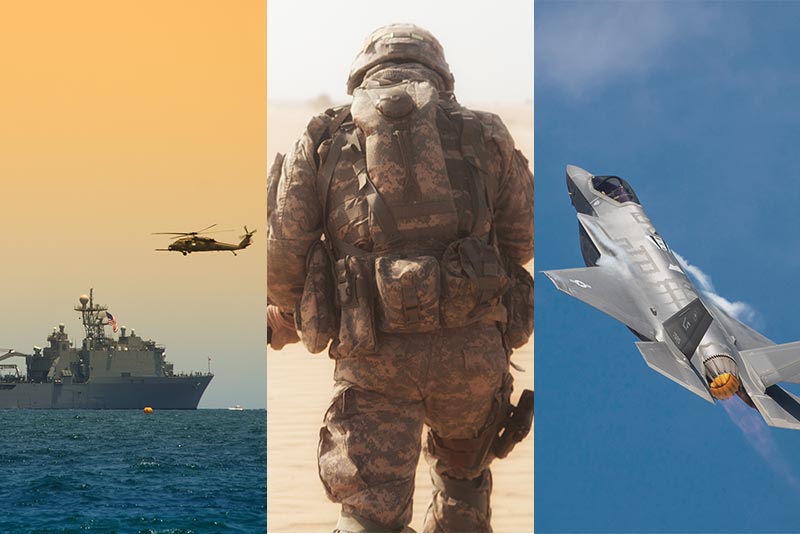 Triptych image of a helicopter landing on a Navy ship, a soldier with a backpack and an F35 fighter jet